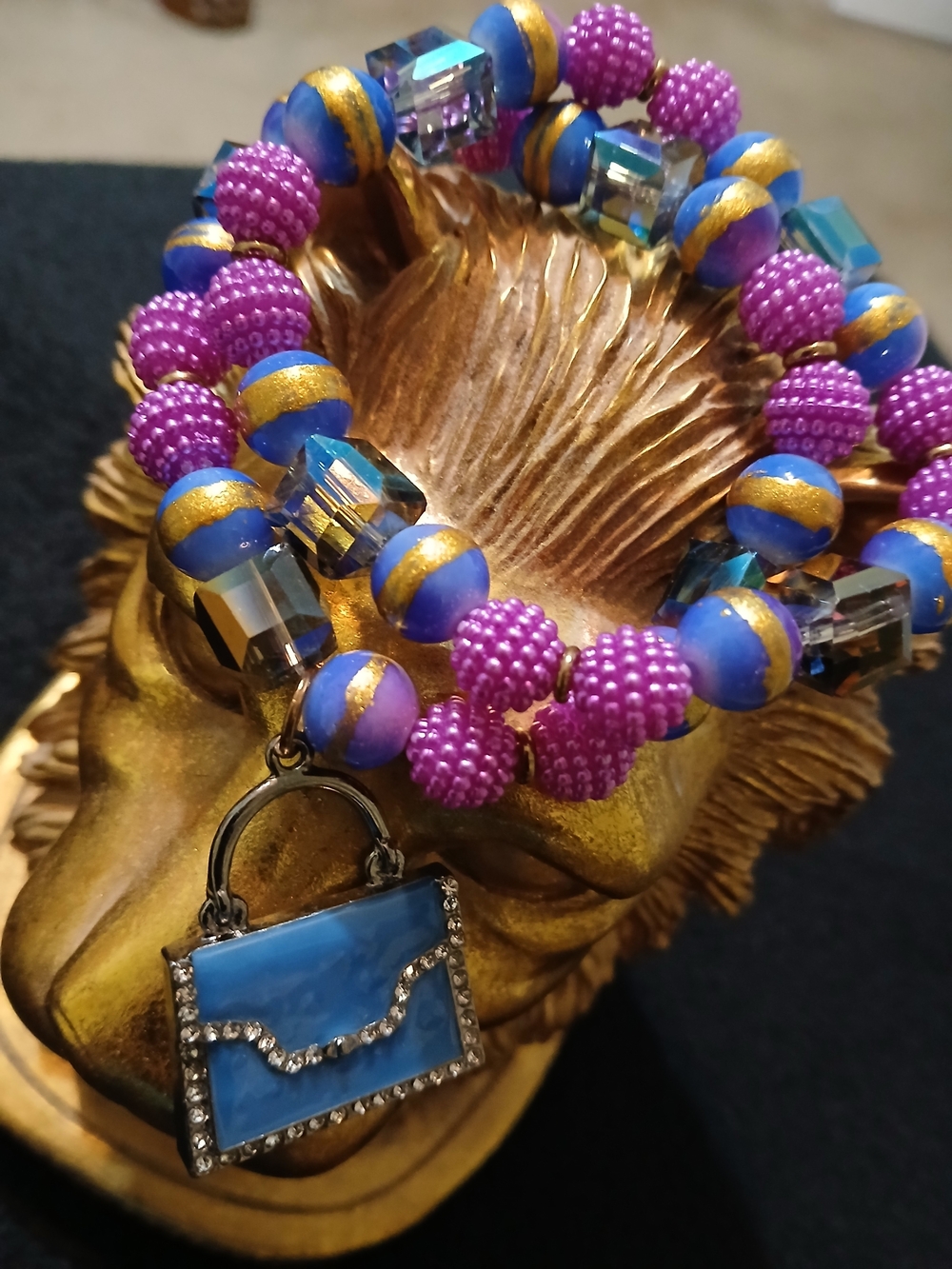 Blue & Purple Beaded Stretch Double Bracelet with Purse Charm